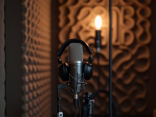 Visão interna de uma cabine de gravação no Voz do Ritmo Studios, com microfone e fones de ouvido.