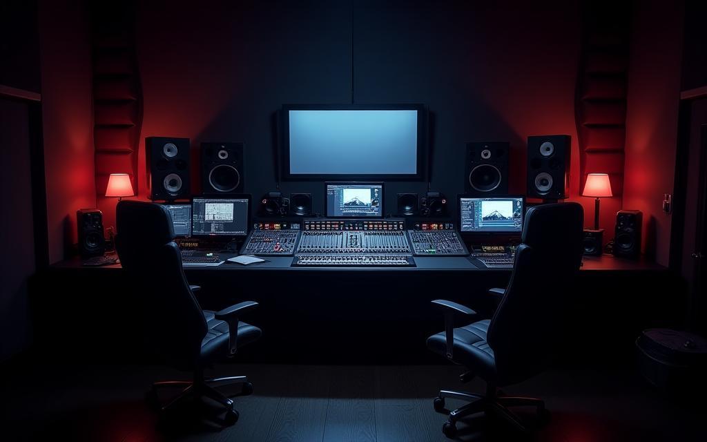 Sala de controle profissional do estúdio de gravação Voz do Ritmo Studios