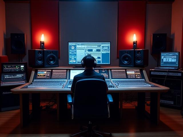 Sala de controle no Voz do Ritmo Studios com console de mixagem e monitores de áudio profissionais.