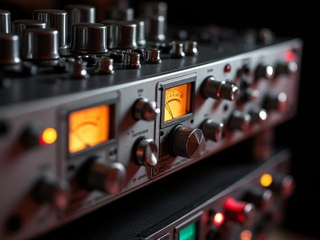 Close-up de rack de equipamentos de áudio de alta qualidade no Voz do Ritmo Studios.