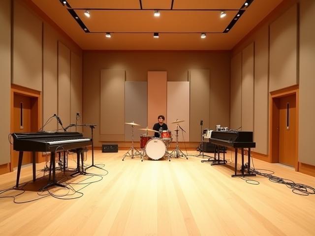 Ampla sala de gravação ao vivo no Voz do Ritmo Studios, equipada para bandas e instrumentos.