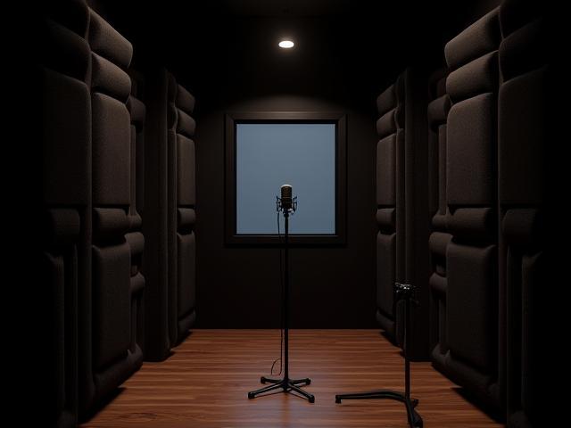 Cabine de vocal isolada no Voz do Ritmo Studios, ideal para gravações de voz limpas.